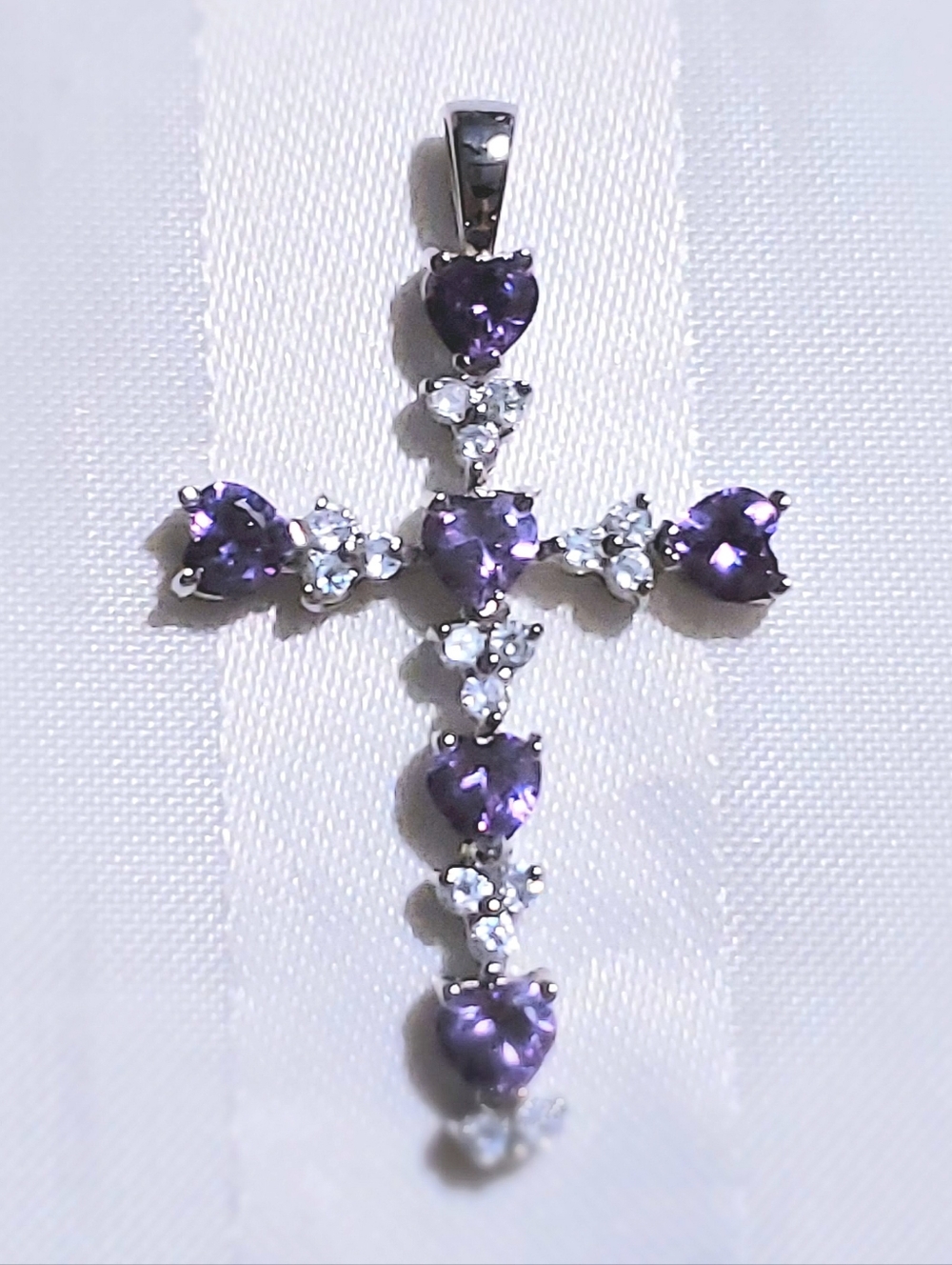 Purple Heart Sparkling CZ Cross Robert Seemann 925 Silver Pendant VTG